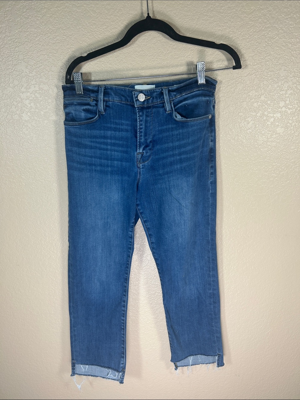 FRAME Denim High Rise Cropped Raw Hem Jeans Medium Blue Size 29